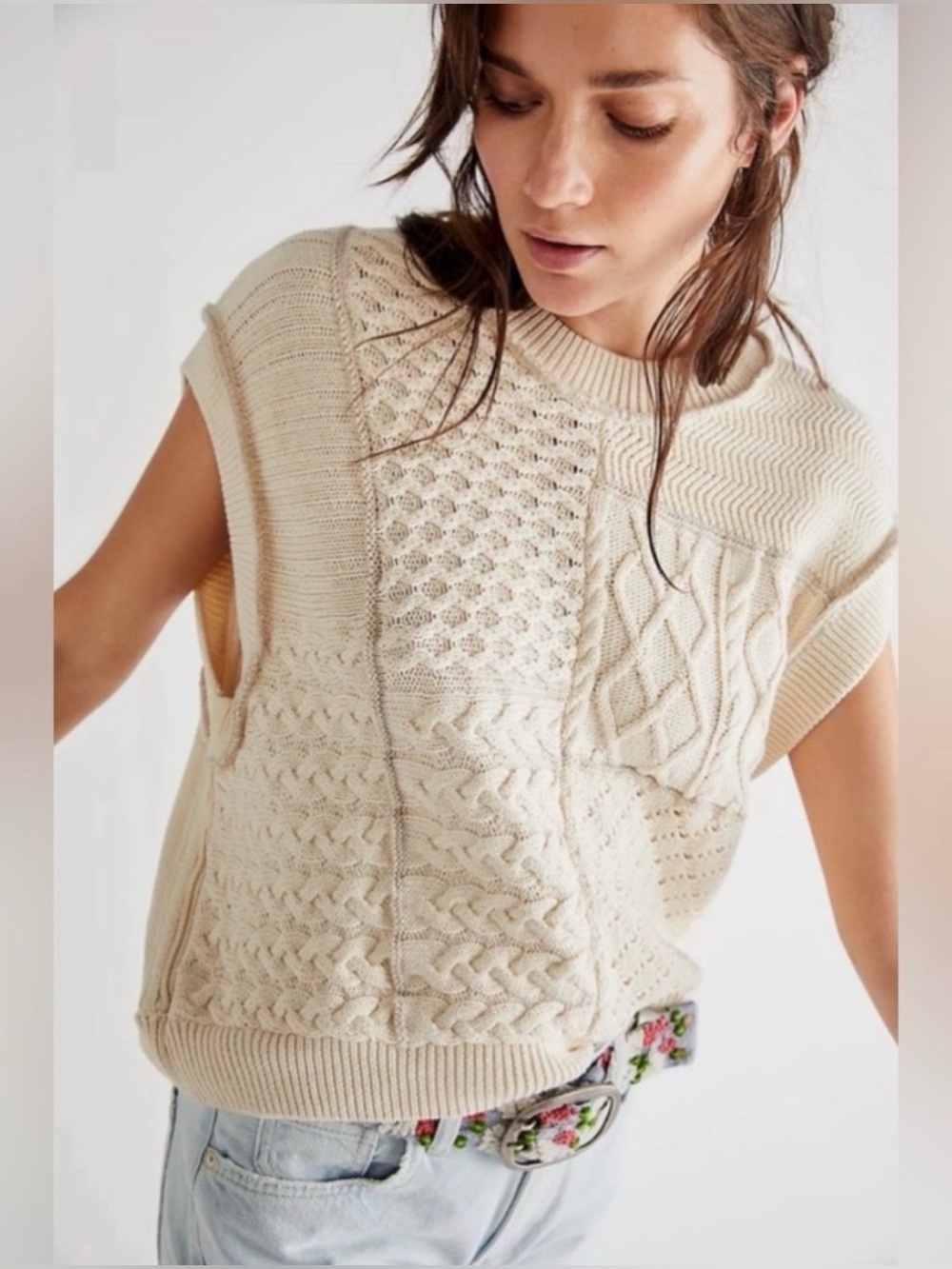 NWT Free People Take the Plunge Patchwork Cable-Knit Sweater Vest in cream/ivory